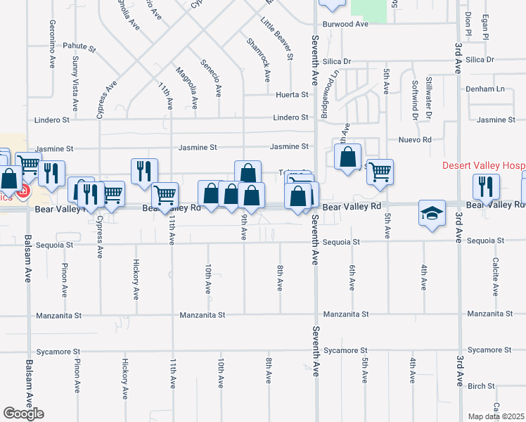 map of restaurants, bars, coffee shops, grocery stores, and more near Bear Valley Road in Hesperia