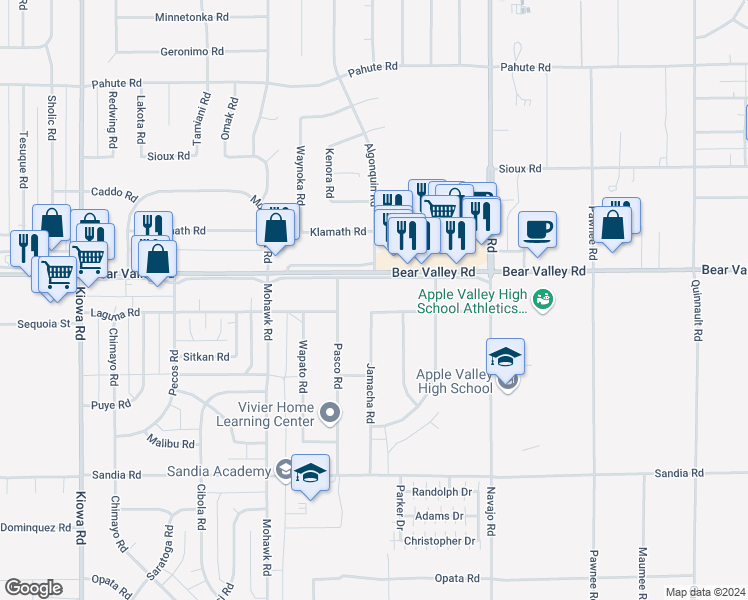 map of restaurants, bars, coffee shops, grocery stores, and more near 12011 Jamacha Road in Apple Valley