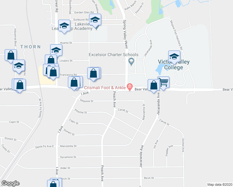 map of restaurants, bars, coffee shops, grocery stores, and more near 18090 Sequoia Street in Hesperia