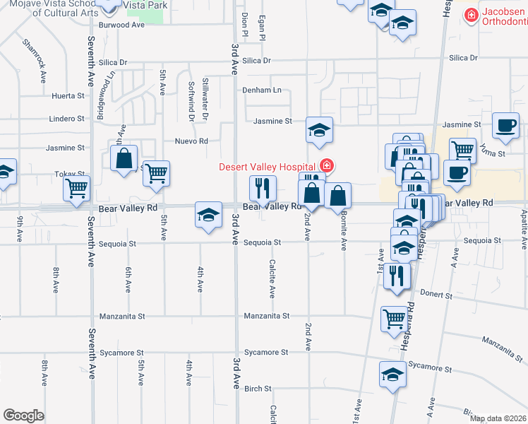 map of restaurants, bars, coffee shops, grocery stores, and more near 16575 Bear Valley Road in Hesperia