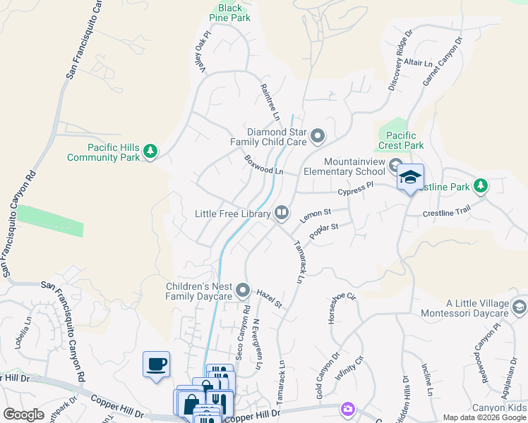 map of restaurants, bars, coffee shops, grocery stores, and more near 28701 Citrus Place in Santa Clarita