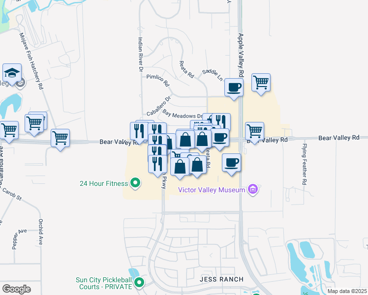 map of restaurants, bars, coffee shops, grocery stores, and more near 19095 Bear Valley Road in Apple Valley