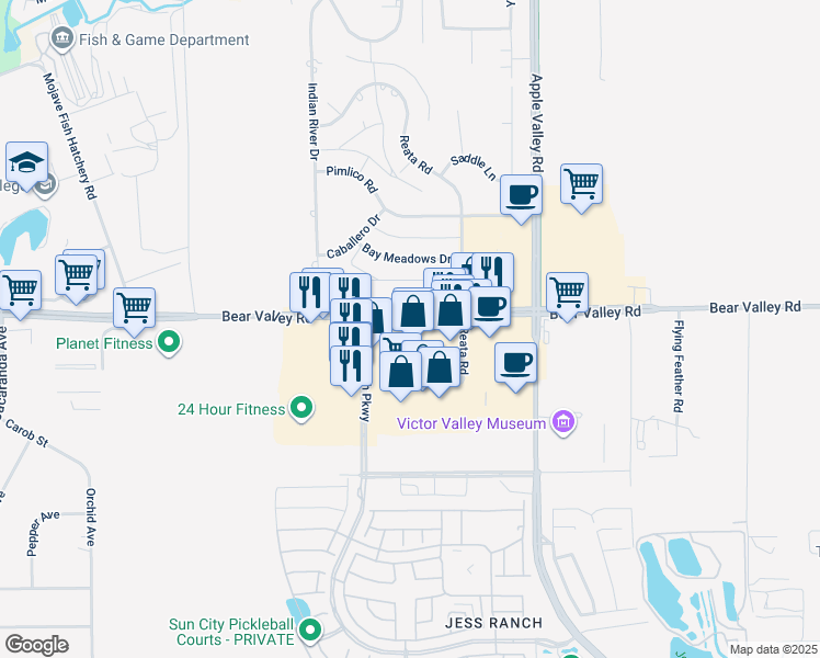 map of restaurants, bars, coffee shops, grocery stores, and more near 19095 Bear Valley Road in Apple Valley