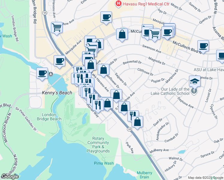 map of restaurants, bars, coffee shops, grocery stores, and more near 256 Lake Havasu Avenue in Lake Havasu City