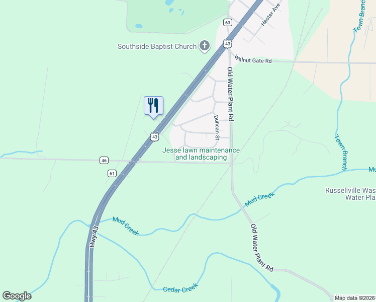 map of restaurants, bars, coffee shops, grocery stores, and more near 185-315 Fletcher Road in Russellville