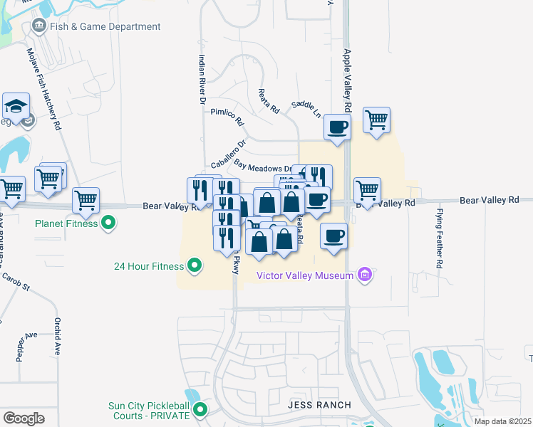 map of restaurants, bars, coffee shops, grocery stores, and more near 19095 Bear Valley Road in Apple Valley