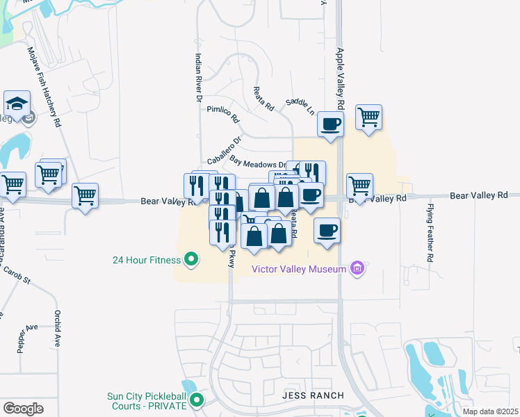 map of restaurants, bars, coffee shops, grocery stores, and more near 19059 Bear Valley Road in Apple Valley