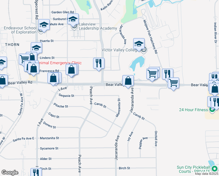 map of restaurants, bars, coffee shops, grocery stores, and more near 18170 Sequoia Street in Hesperia