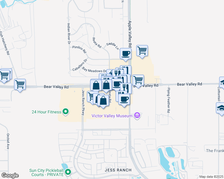 map of restaurants, bars, coffee shops, grocery stores, and more near 19201 Bear Valley Road in Apple Valley