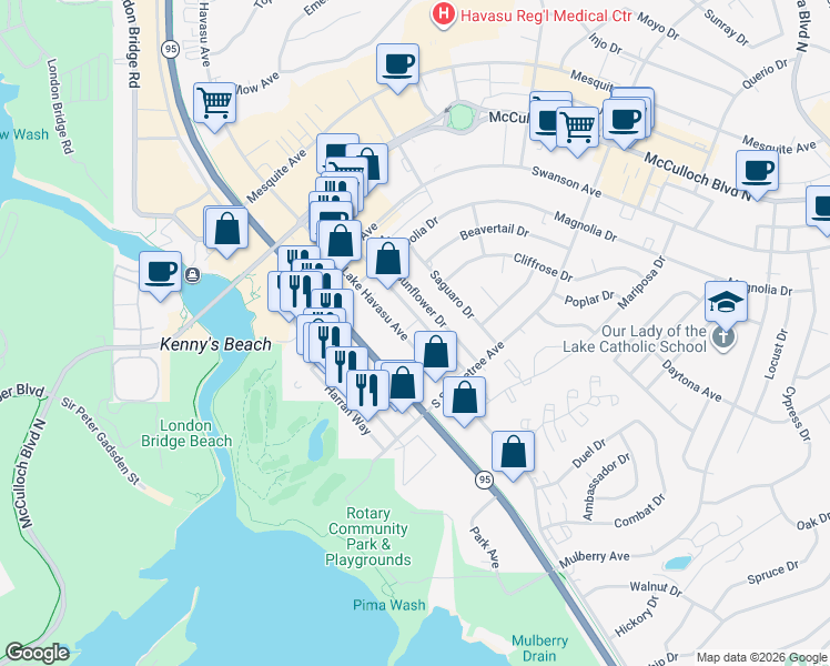 map of restaurants, bars, coffee shops, grocery stores, and more near 271 Lake Havasu Avenue in Lake Havasu City