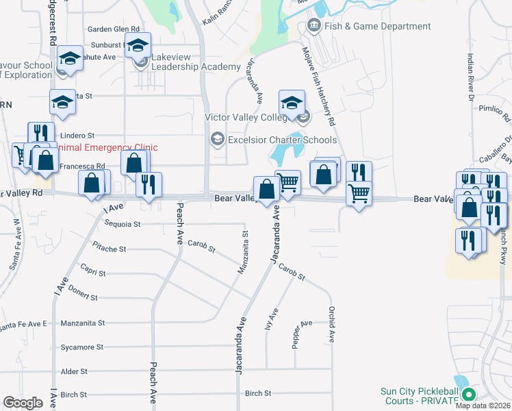 map of restaurants, bars, coffee shops, grocery stores, and more near 18275 Bear Valley Road in Hesperia