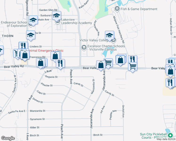 map of restaurants, bars, coffee shops, grocery stores, and more near 18230 Sequoia Street in Hesperia
