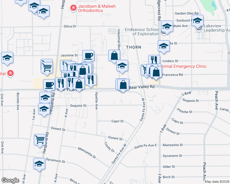 map of restaurants, bars, coffee shops, grocery stores, and more near 17408 Sequoia Avenue in Hesperia