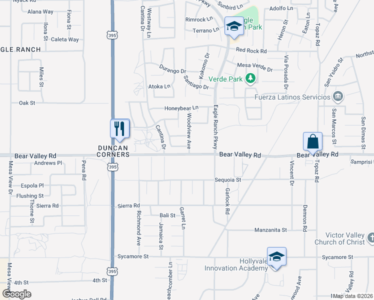 map of restaurants, bars, coffee shops, grocery stores, and more near 12391 Western Skies Way in Victorville