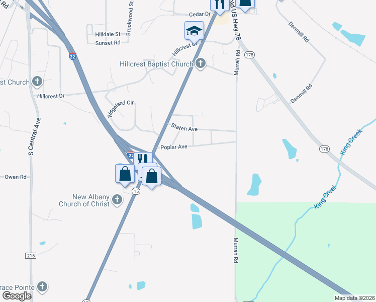 map of restaurants, bars, coffee shops, grocery stores, and more near 804-898 Poplar Avenue in New Albany