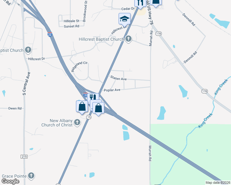 map of restaurants, bars, coffee shops, grocery stores, and more near 804 Poplar Avenue in New Albany