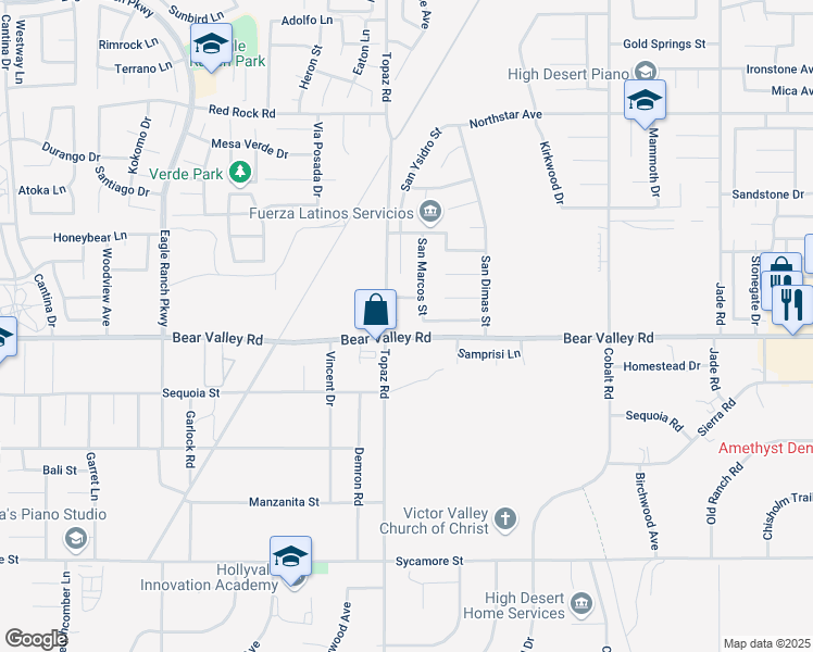 map of restaurants, bars, coffee shops, grocery stores, and more near 12929 Topaz Circle in Victorville