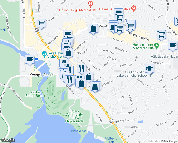 map of restaurants, bars, coffee shops, grocery stores, and more near 235 Sunflower Drive in Lake Havasu City