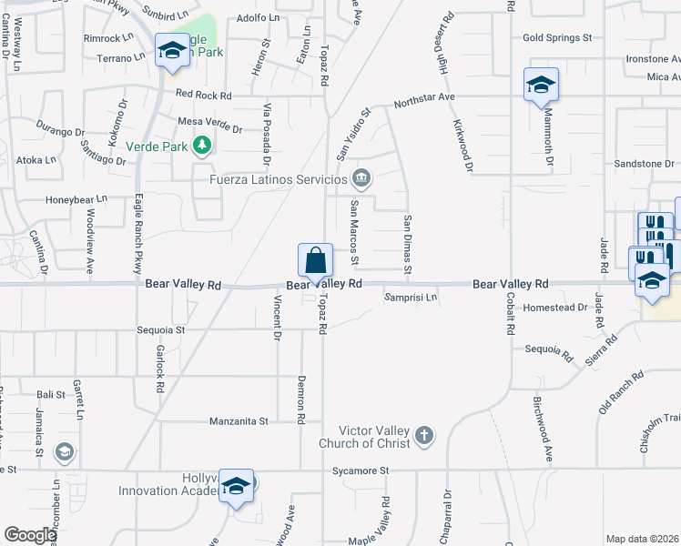 map of restaurants, bars, coffee shops, grocery stores, and more near 12929 Topaz Circle in Victorville