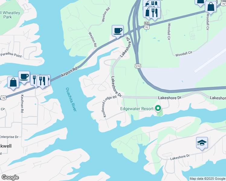 map of restaurants, bars, coffee shops, grocery stores, and more near 108 Secluded Court in Hot Springs