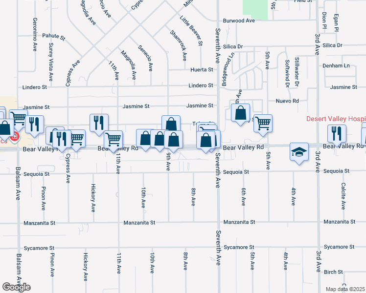 map of restaurants, bars, coffee shops, grocery stores, and more near Bear Valley Road in Hesperia