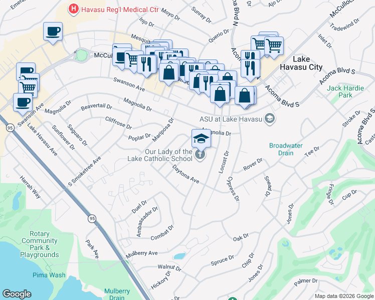 map of restaurants, bars, coffee shops, grocery stores, and more near 169 Greentree Drive in Lake Havasu City