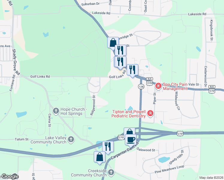 map of restaurants, bars, coffee shops, grocery stores, and more near 112 Roxbury Street in Hot Springs