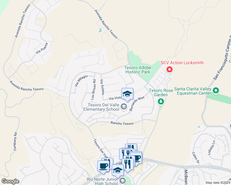 map of restaurants, bars, coffee shops, grocery stores, and more near 24026 Via Cresta in Santa Clarita