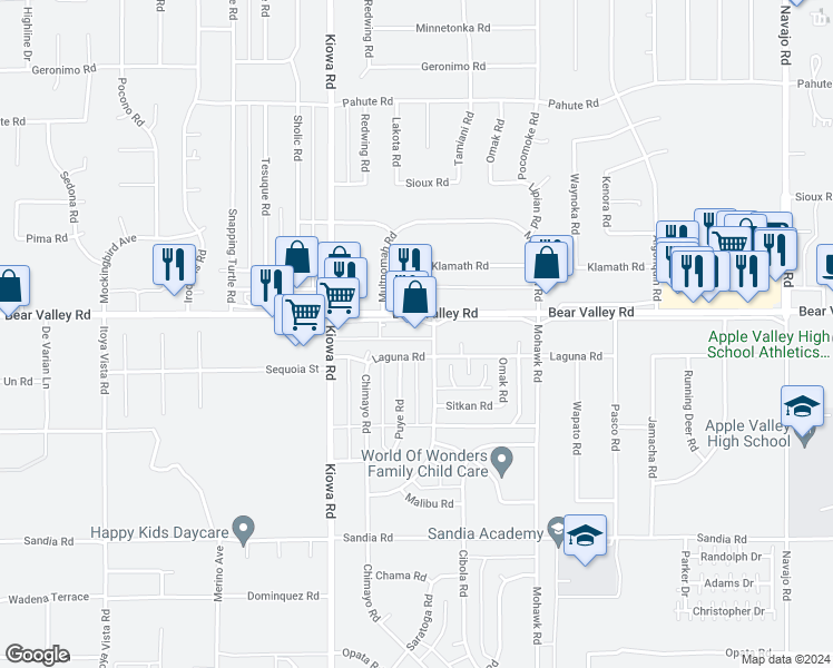 map of restaurants, bars, coffee shops, grocery stores, and more near 21065 Bear Valley Road in Apple Valley