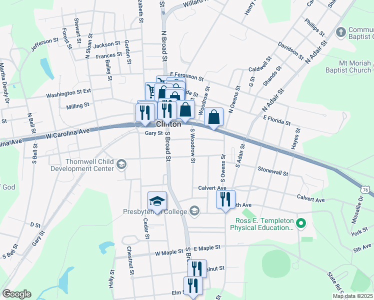 map of restaurants, bars, coffee shops, grocery stores, and more near 200 South Woodrow Street in Clinton