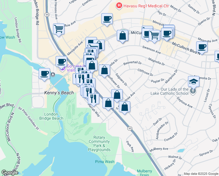 map of restaurants, bars, coffee shops, grocery stores, and more near 256 Lake Havasu Avenue in Lake Havasu City