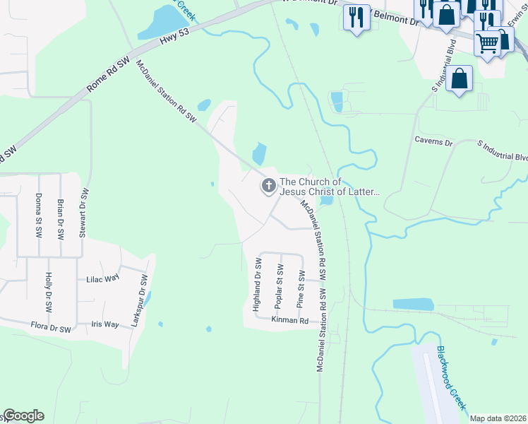 map of restaurants, bars, coffee shops, grocery stores, and more near 455 McDaniel Station Road Southwest in Calhoun