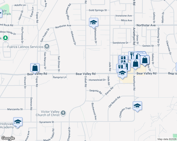 map of restaurants, bars, coffee shops, grocery stores, and more near Bear Valley Road in Victorville