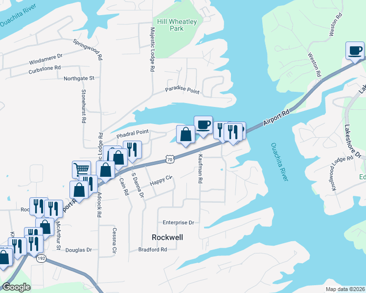 map of restaurants, bars, coffee shops, grocery stores, and more near 1412 Airport Road in Rockwell