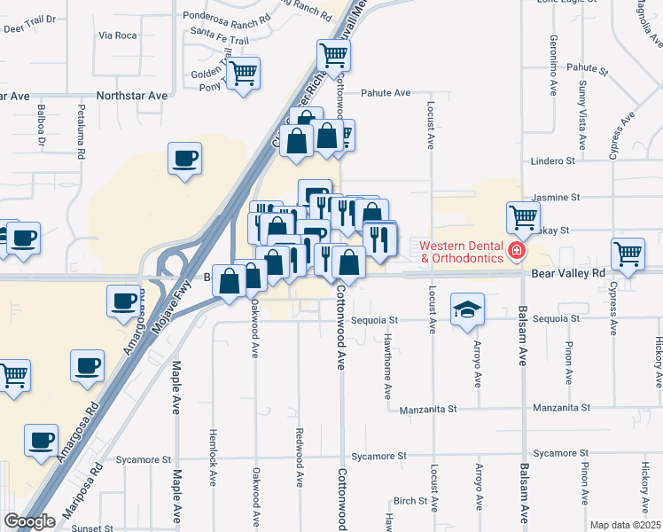 map of restaurants, bars, coffee shops, grocery stores, and more near 14876 Bear Valley Road in Victorville
