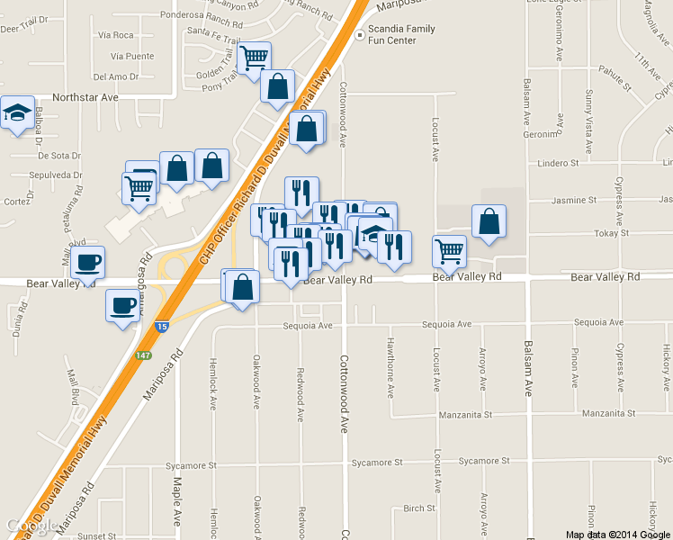 map of restaurants, bars, coffee shops, grocery stores, and more near 14876 Bear Valley Road in Victorville