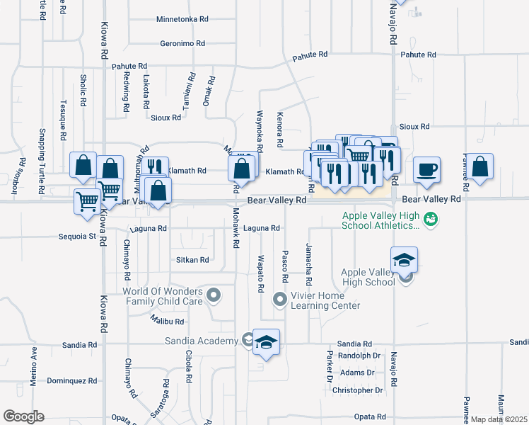 map of restaurants, bars, coffee shops, grocery stores, and more near 21335 Bear Valley Road in Apple Valley