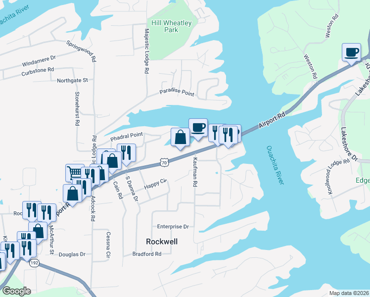 map of restaurants, bars, coffee shops, grocery stores, and more near 1412 Airport Road in Rockwell