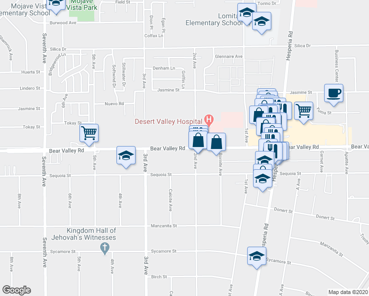 map of restaurants, bars, coffee shops, grocery stores, and more near 16660 Bear Valley Road in Hesperia