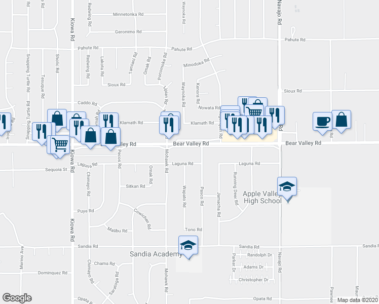 map of restaurants, bars, coffee shops, grocery stores, and more near 21311 Bear Valley Outerhighway South in Apple Valley