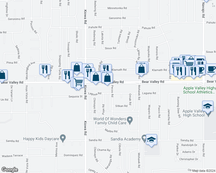 map of restaurants, bars, coffee shops, grocery stores, and more near 21065 Bear Valley Road in Apple Valley