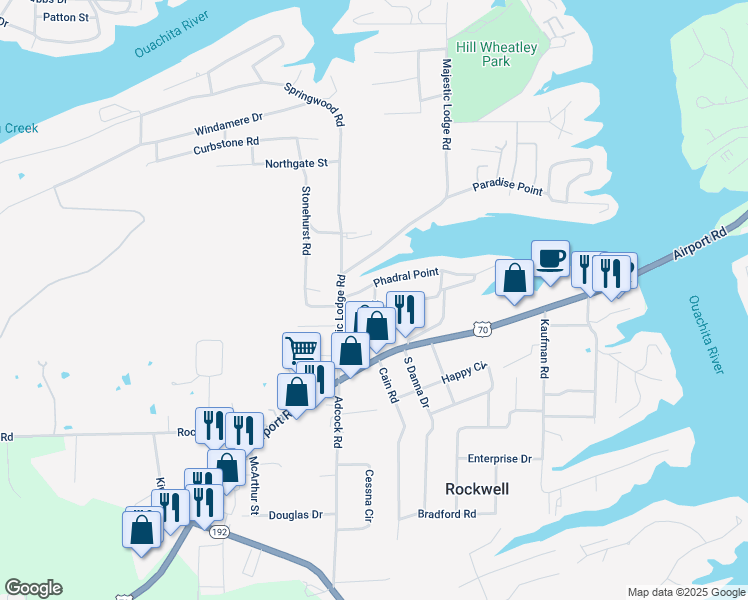 map of restaurants, bars, coffee shops, grocery stores, and more near 169 Gladys Fair Street in Rockwell