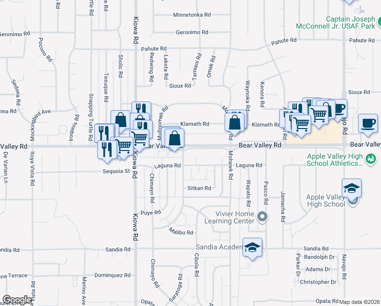 map of restaurants, bars, coffee shops, grocery stores, and more near in Apple Valley