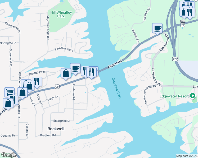 map of restaurants, bars, coffee shops, grocery stores, and more near 1319 Airport Road in Hot Springs