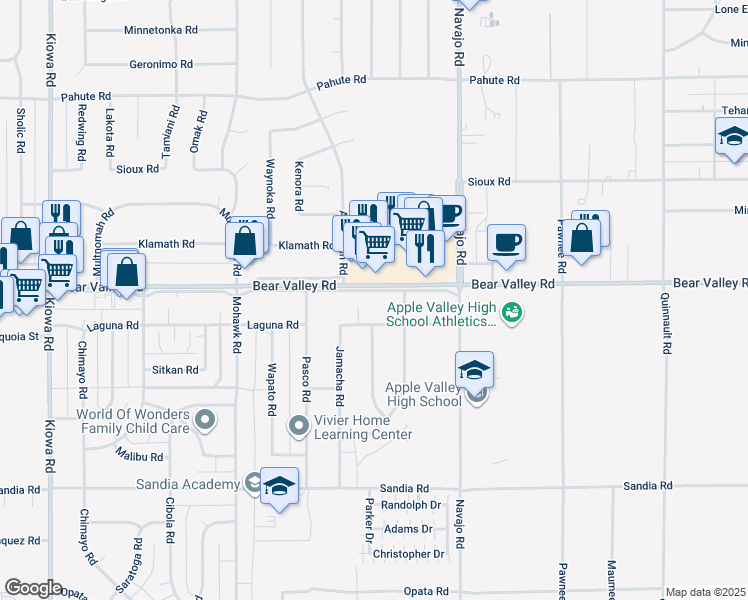 map of restaurants, bars, coffee shops, grocery stores, and more near 21531 Bear Valley Road in Apple Valley