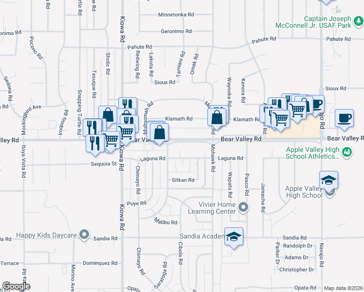 map of restaurants, bars, coffee shops, grocery stores, and more near 21139 Bear Valley Outerhighway South in Apple Valley