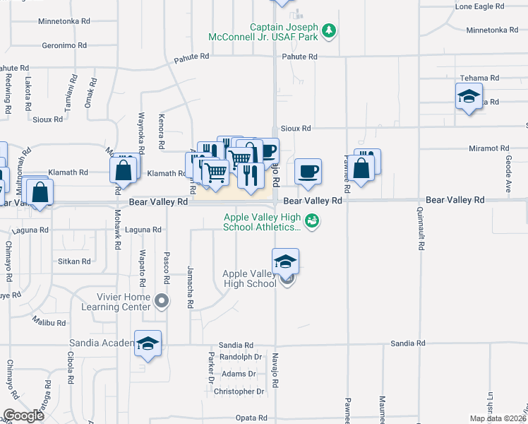 map of restaurants, bars, coffee shops, grocery stores, and more near 21680 Bear Valley Road in Apple Valley