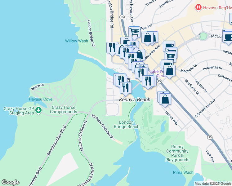 map of restaurants, bars, coffee shops, grocery stores, and more near 1425 McCulloch Boulevard North in Lake Havasu City