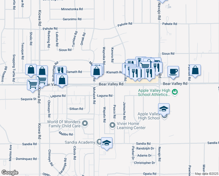 map of restaurants, bars, coffee shops, grocery stores, and more near 21311 Bear Valley Outerhighway South in Apple Valley