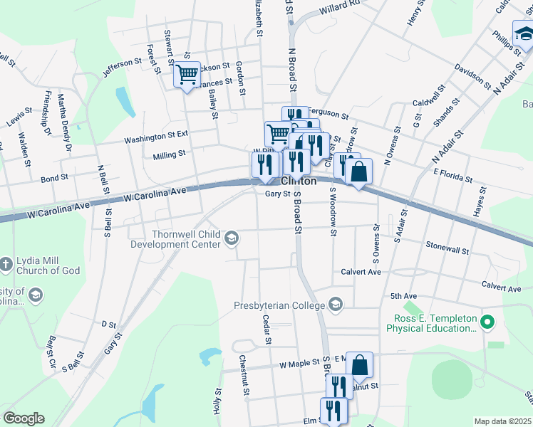 map of restaurants, bars, coffee shops, grocery stores, and more near 115 Gary Street in Clinton